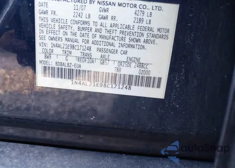 2008 Nissan Altima 2.5 S from USA, damaged, VIN 1N4AL21E98C171248